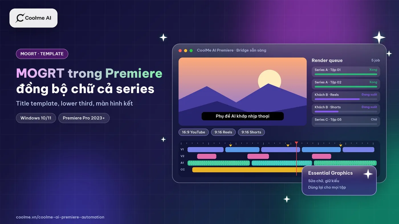 MOGRT trong Premiere Pro: dùng title template để cả series đồng bộ chữ